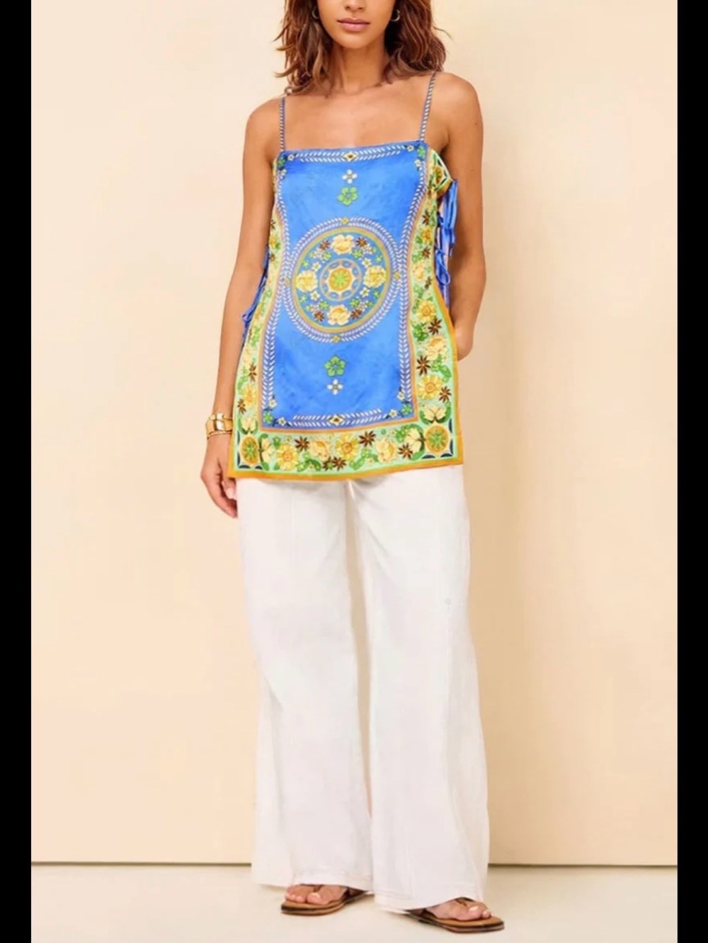 ALEMAIS Blue Medallion LINDA TOP — Tank with Green and Orange Accents, ties - Picture 3 of 8